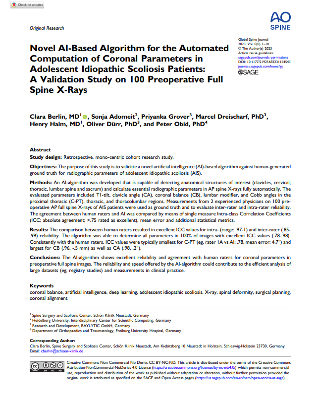 Novel AI-Based Algorithm for the Automated Computation of Coronal Parameters in Adolescent Idiopathic Scoliosis Patients (...)