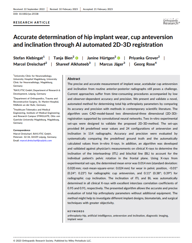 Accurate determination of hip implant wear, cup anteversion and inclination through AI automated 2D-3D registration