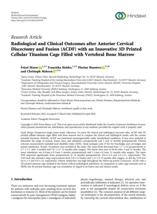 Radiological and Clinical Outcomes after Anterior Cervical Discectomy and Fusion (ACDF) with an Innovative 3D Printed Cellular Titanium Cage (...)