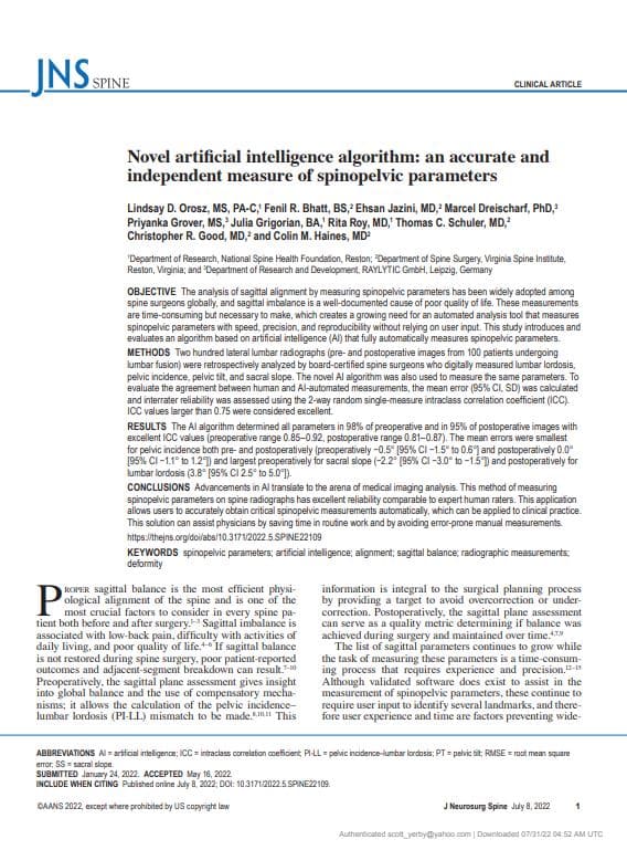 Novel artificial intelligence algorithm: an accurate and independent measure of spinopelvic (...)