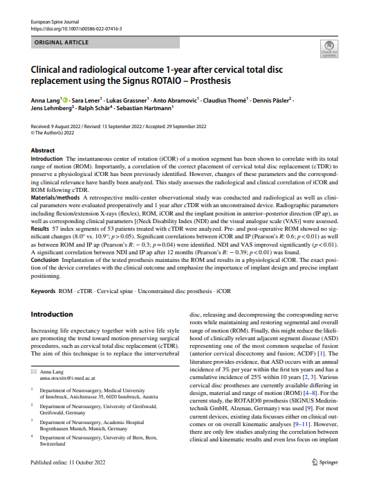 Clinical and radiological outcome 1-year after cervical total disc replacement using the Signus ROTAIO - Prosthesis