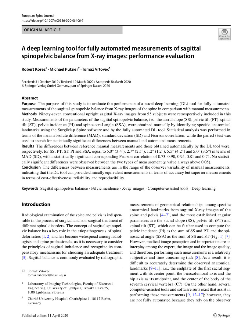  A deep learning tool for fully automated measurements of sagittal spinopelvic balance from X-ray images (...)