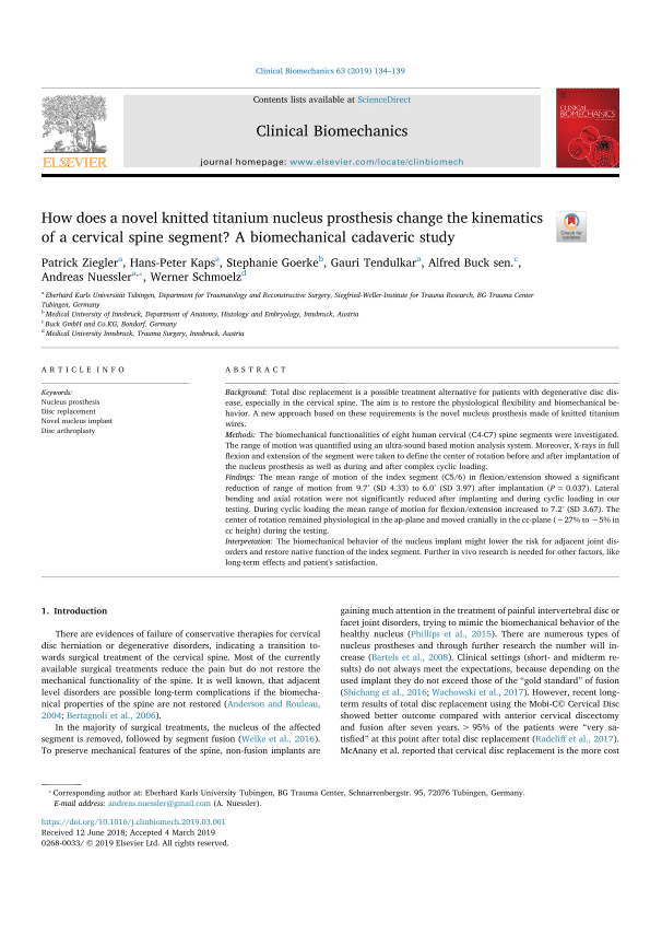 How does a novel knitted titanium nucleus prosthesis change the kinematics of a cervical spine segment? 