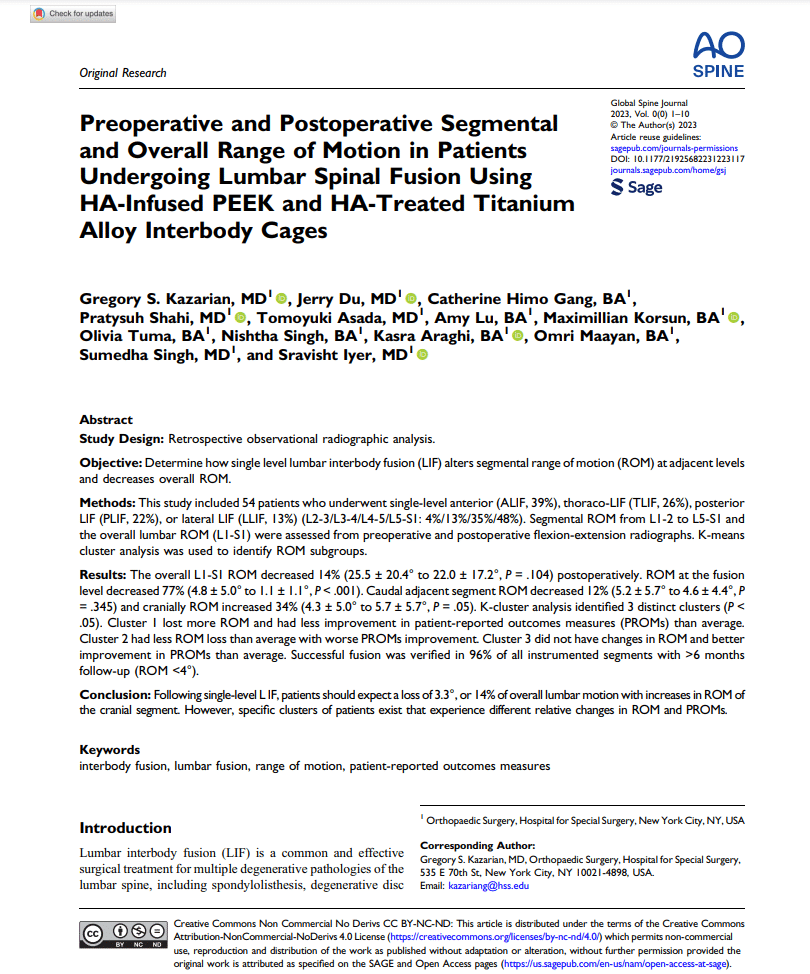 Preoperative and Postoperative Segmental and Overall Range of Motion in Patients Undergoing Lumbar Spinal Fusion Using HA-Infused PEEK and HA-Treated Titanium Alloy Interbody Cages