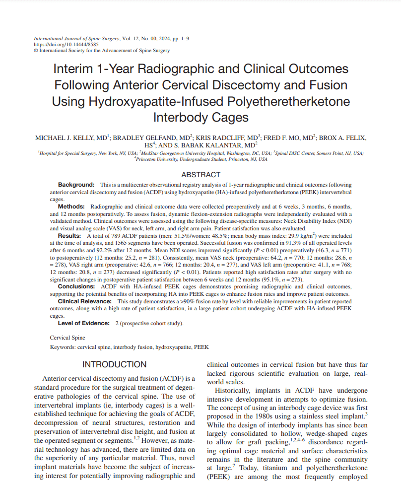 Interim 1-Year Radiographic and Clinical Outcomes Following Anterior Cervical Discectomy and Fusion Using Hydroxyapatite-Infused Polyetheretherketone Interbody Cages