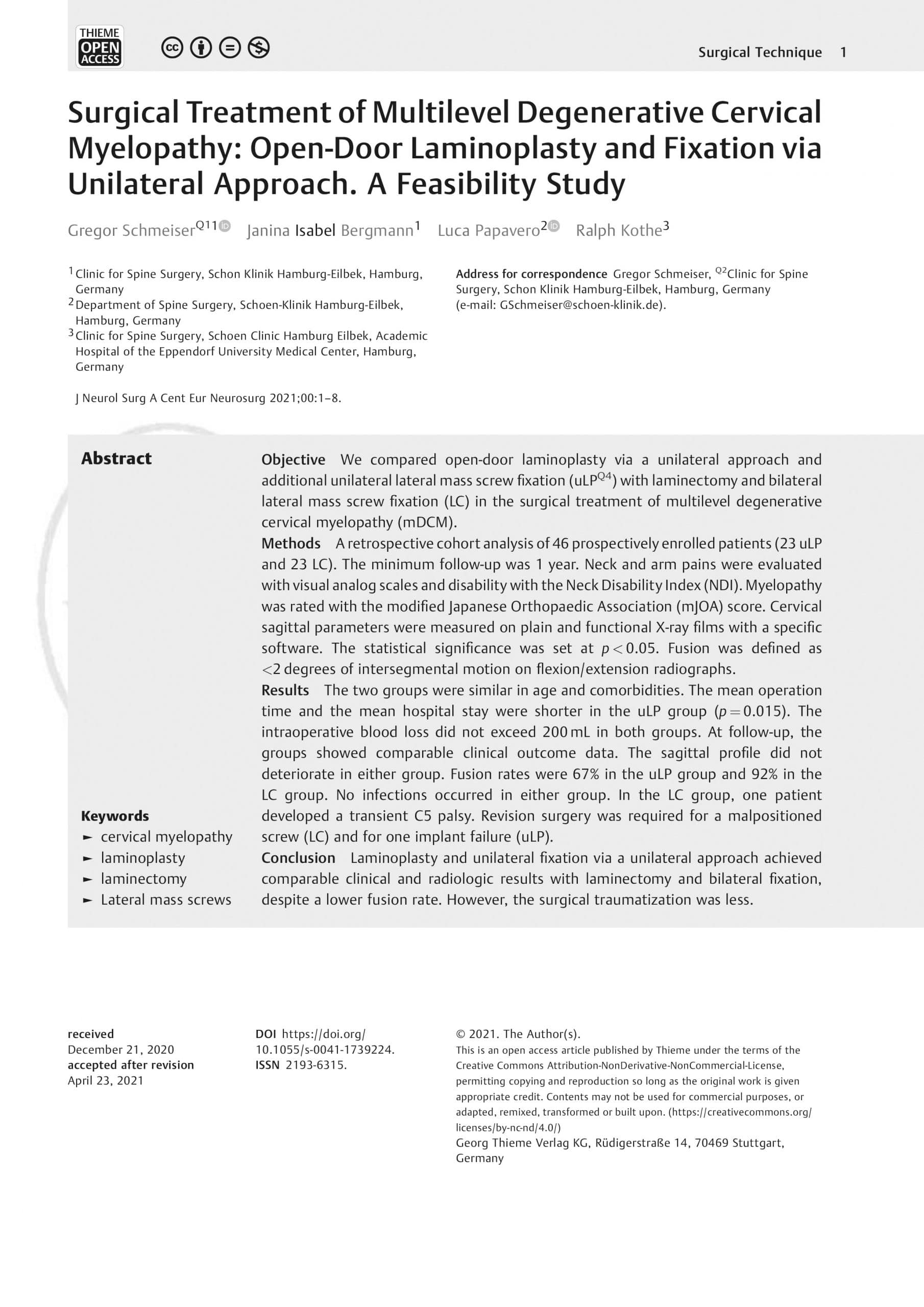 Surgical Treatment of Multilevel Degenerative Cervical Myelopathy: Open-Door Laminoplasty and Fixation (...)